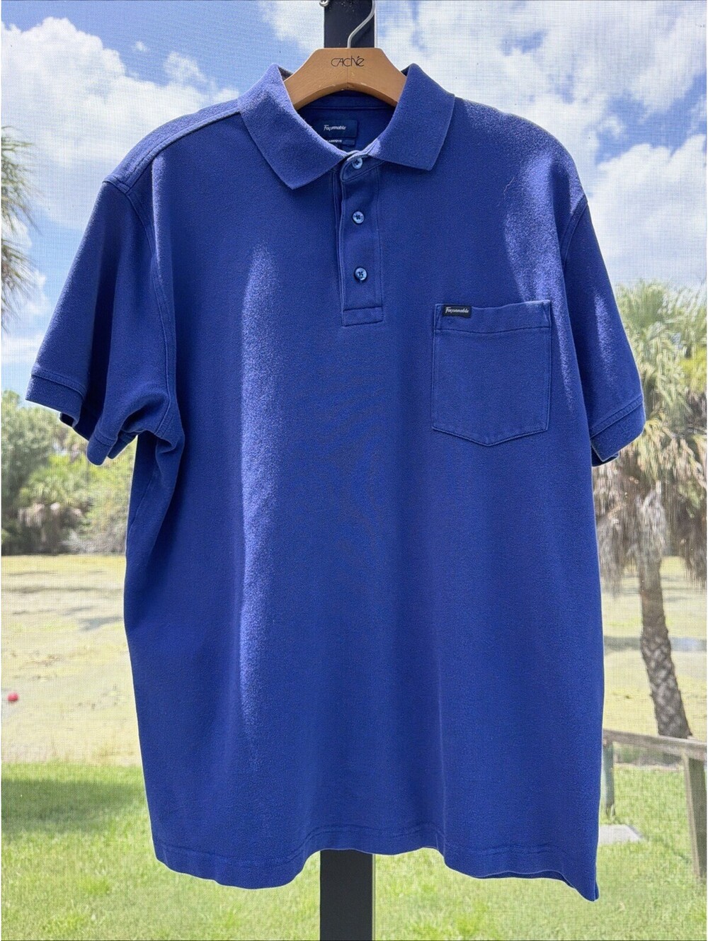 Men's Size Medium Faconnable Polo Shirt Solid Navy Blue Pocket Cotton Spandex
